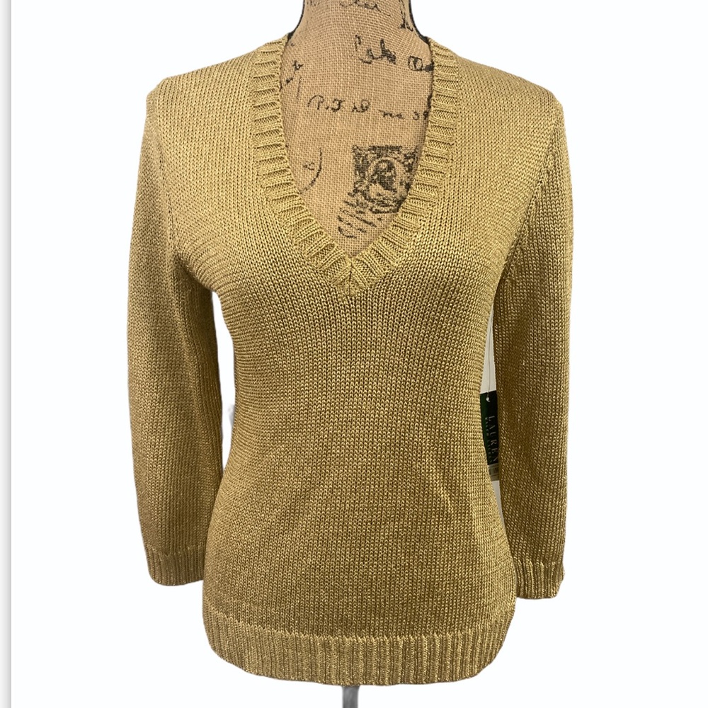 Lauren Ralph Lauren Gold Knit V Neck Sweater